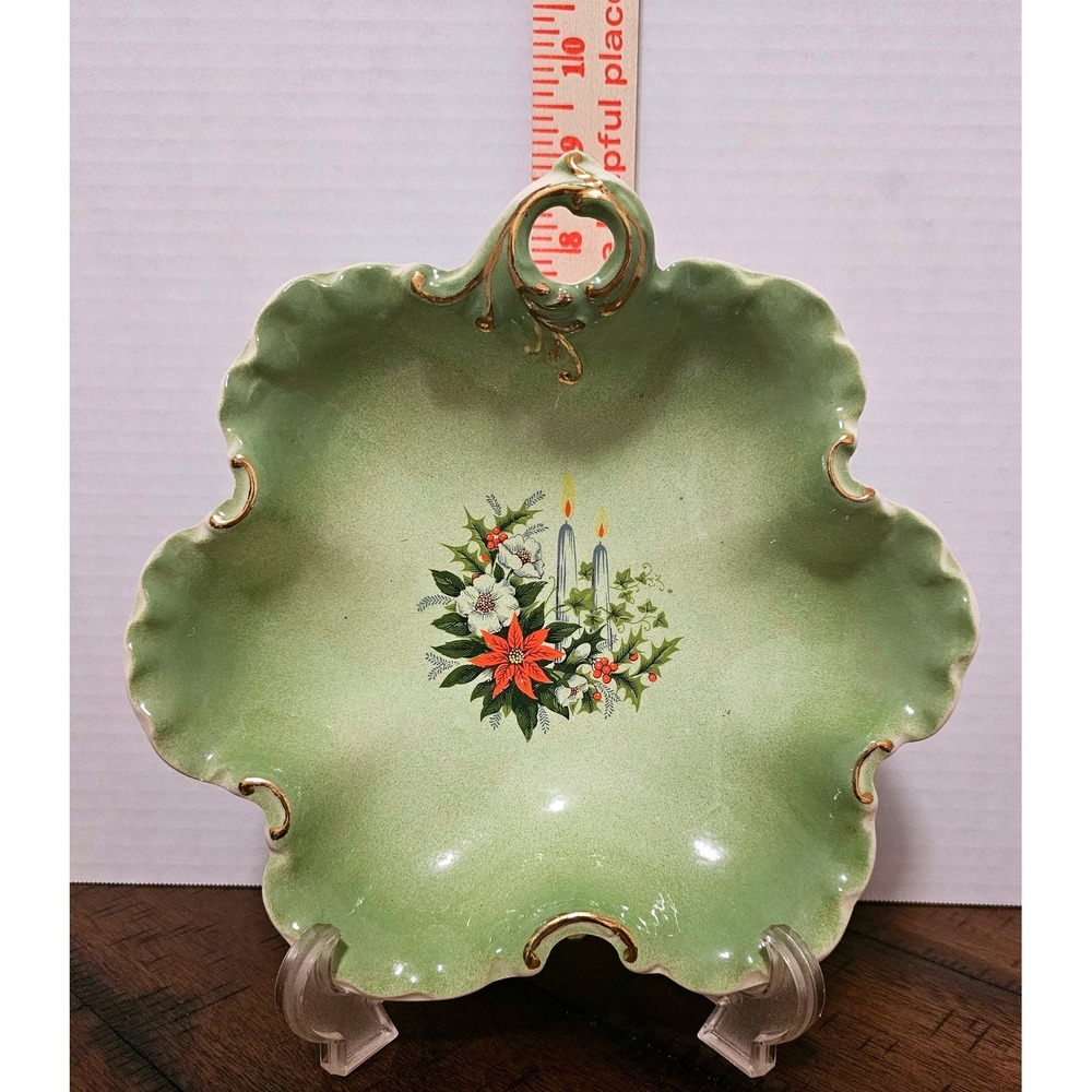 Vintage Georgene Morris Ceramic Christmas Candy Dish Green Gold Trim Poinsettia